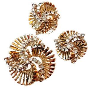 Vintage Mid Century Rhinestone Swirl Brooch and Clip On Earrings Set Gold Tone